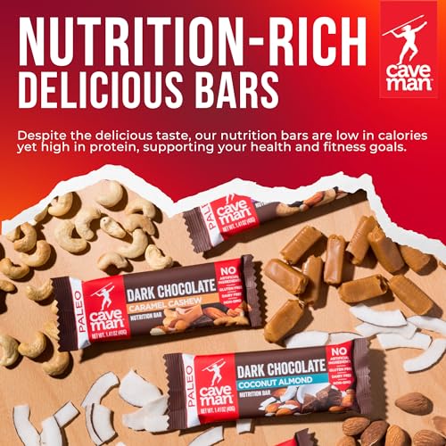 Caveman Foods PaleoFriendly Nutrition Bar Dark Chocolate 1.4 Count Box, Caramel Cashew, 16.9 Ounce, (Pack of 12)
