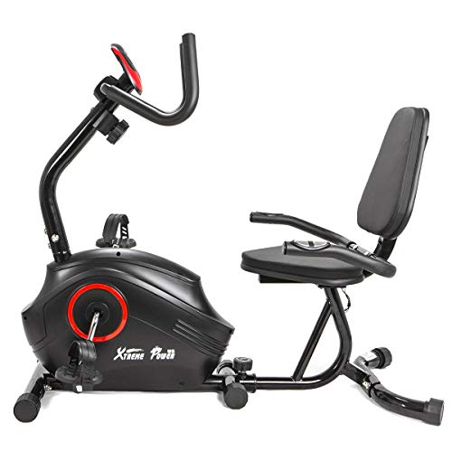 XtremepowerUS Deluxe Recumbent Fitness Exercise Bike 8 Level Magnetic Adjustable Resistance Cushion Seat Pulse Grip, Black