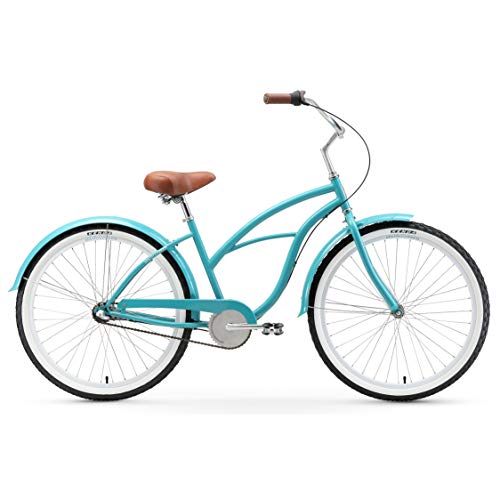 sixthreezero Women's 3-Speed Beach Cruiser Bicycle, Breathe Blue w/ Brown Seat/Grips, 26" Wheels/ 17" Frame