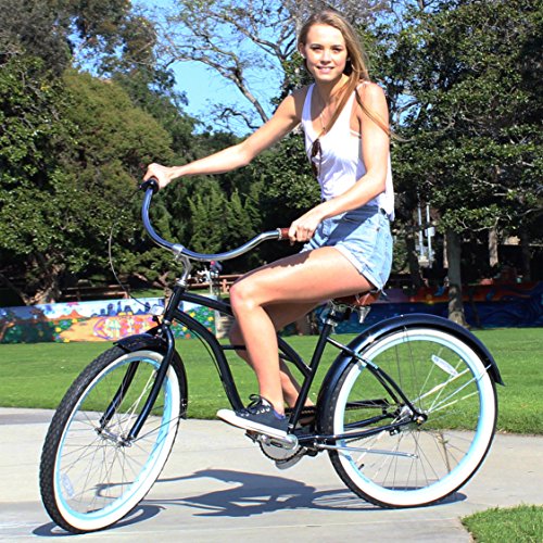 sixthreezero Women's 3-Speed Beach Cruiser Bicycle, Breathe Blue w/ Brown Seat/Grips, 26" Wheels/ 17" Frame
