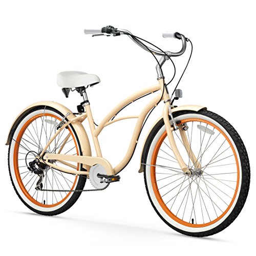 sixthreezero Scholar Women's 26" Seven Speed Beach Cruiser Bicycle, Cream with White Seat and Grips