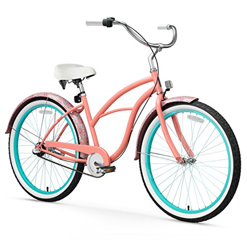 sixthreezero Paisley Women's 26" Three Speed Beach Cruiser Bicycle, Coral Pink with White Seat and Grips