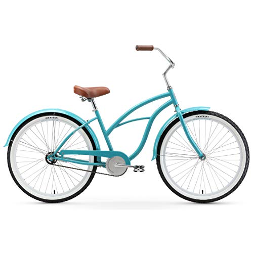sixthreezero Women's Single Speed Beach Cruiser Bicycle, Breathe Blue w/ Brown Seat/Grips, 26" Wheels/ 17" Frame
