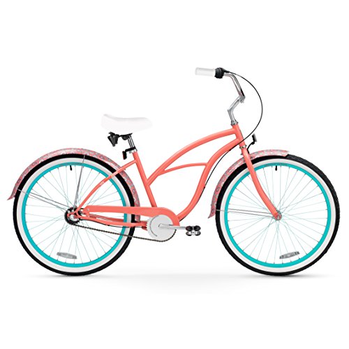 sixthreezero Paisley Women's 26" Three Speed Beach Cruiser Bicycle, Coral Pink with White Seat and Grips