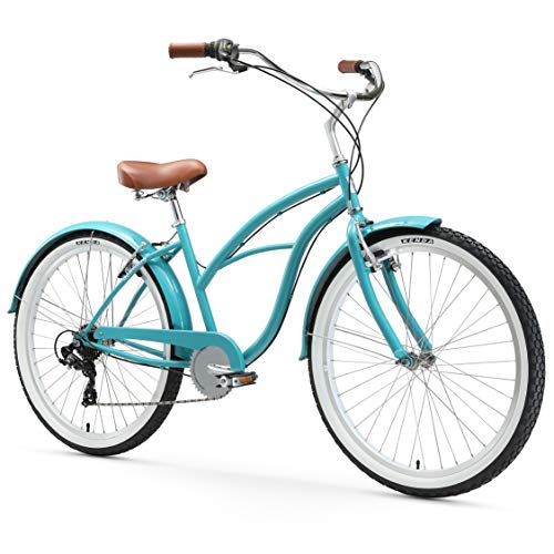 sixthreezero Women's 7-Speed Beach Cruiser Bicycle, Breathe Blue w/ Brown Seat/Grips, 26" Wheels/ 17" Frame