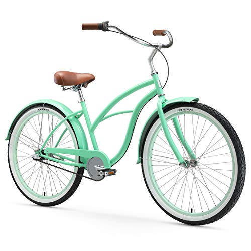 sixthreezero Women's 3-Speed Beach Cruiser Bicycle, Serenity Green w/ Brown Seat/Grips, 26" Wheels/ 17" Frame