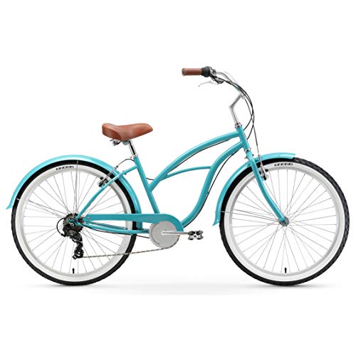 sixthreezero Women's 7-Speed Beach Cruiser Bicycle, Breathe Blue w/ Brown Seat/Grips, 26" Wheels/ 17" Frame