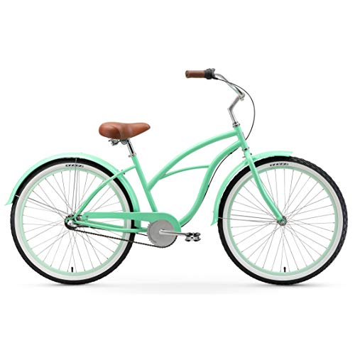 sixthreezero Women's 3-Speed Beach Cruiser Bicycle, Serenity Green w/ Brown Seat/Grips, 26" Wheels/ 17" Frame