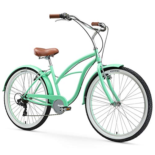 sixthreezero Women's 7-Speed Beach Cruiser Bicycle, Serenity Green w/ Brown Seat/Grips, 26" Wheels/ 17" Frame