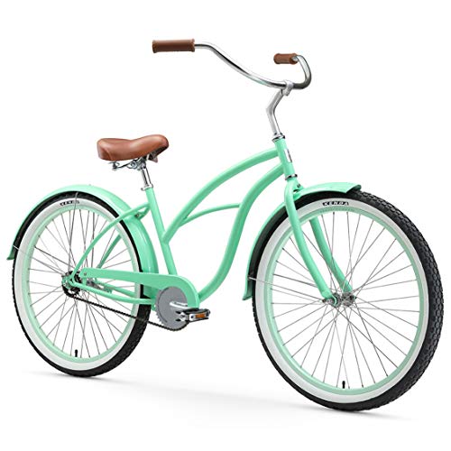 sixthreezero Women's Single Speed Beach Cruiser Bicycle, Serenity Green w/ Brown Seat/Grips, 26" Wheels/ 17" Frame