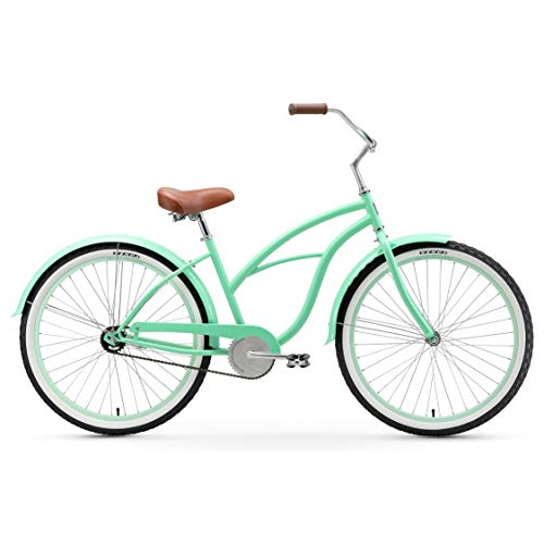 sixthreezero Women's Single Speed Beach Cruiser Bicycle, Serenity Green w/ Brown Seat/Grips, 26" Wheels/ 17" Frame