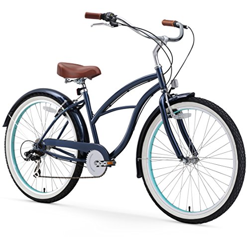 sixthreezero Women's 7 Speed 26-Inch Beach Cruiser Bicycle, Classic Dark Blue w/ Brown Seat/Grips