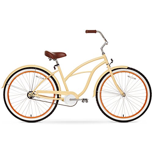 sixthreezero Women's 1-Speed 26-Inch Beach Cruiser Bicycle, Scholar Cream w/Brown Seat/Grips