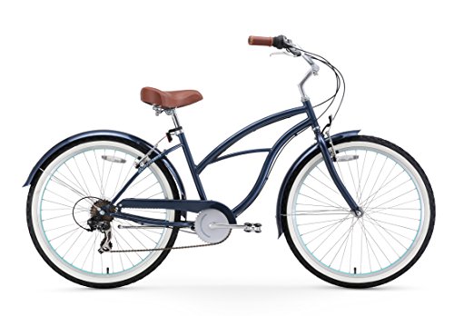 sixthreezero Women's 7 Speed 26-Inch Beach Cruiser Bicycle, Classic Dark Blue w/ Brown Seat/Grips