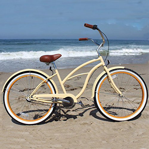sixthreezero Women's 3-Speed 26-Inch Beach Cruiser Bicycle, Scholar Cream w/Brown Seat/Grips