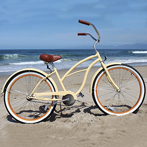 sixthreezero Women's 1-Speed 26-Inch Beach Cruiser Bicycle, Scholar Cream w/Brown Seat/Grips