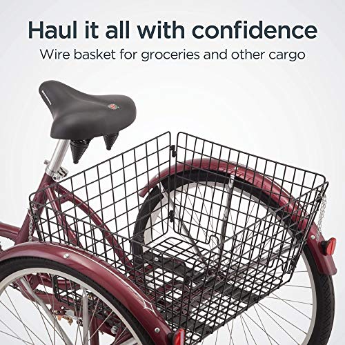 Schwinn Meridian Adult Tricycle Bike, Mens and Womens Three Wheel Beach Cruiser, 26-Inch Wheels, Low Step-Through Frame, Wide Seat, Rear Folding Basket, 1-Speed, Maroon