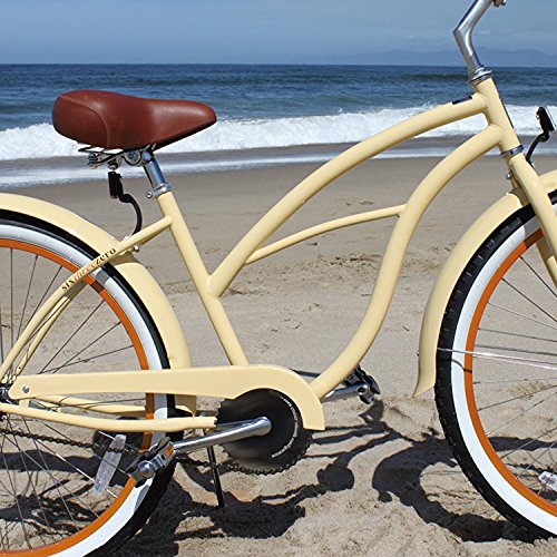 sixthreezero Women's 1-Speed 26-Inch Beach Cruiser Bicycle, Scholar Cream w/Brown Seat/Grips
