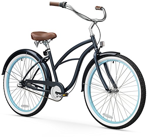 sixthreezero Women's 3-Speed 26-Inch Beach Cruiser Bicycle, Classic Dark Blue w/ Brown Seat/Grips