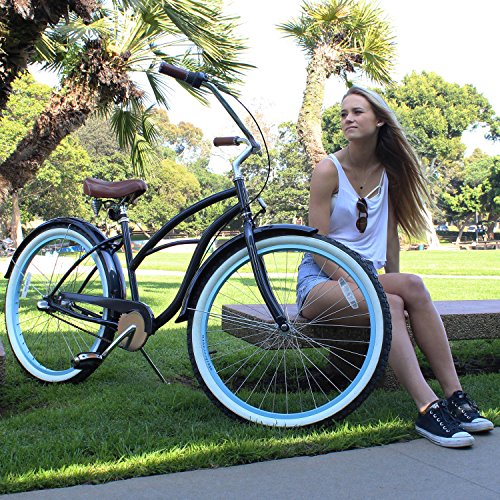sixthreezero Women's 3-Speed 26-Inch Beach Cruiser Bicycle, Classic Dark Blue w/ Brown Seat/Grips