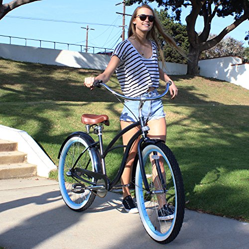 sixthreezero Women's 3-Speed 26-Inch Beach Cruiser Bicycle, Classic Dark Blue w/ Brown Seat/Grips