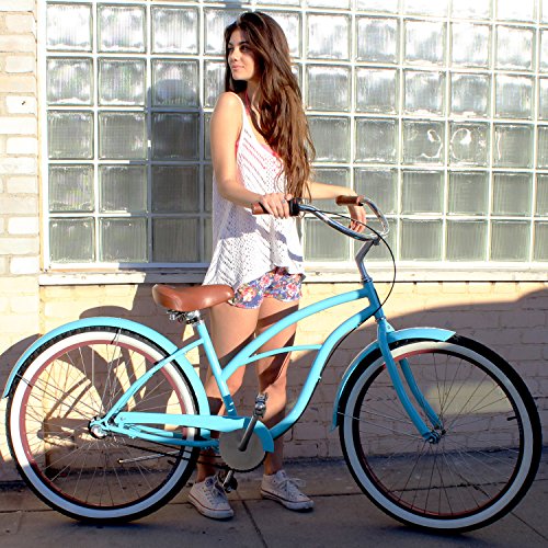 sixthreezero Women's 3-Speed 26-Inch Beach Cruiser Bicycle, Teal Blue w/ Brown Seat/Grips