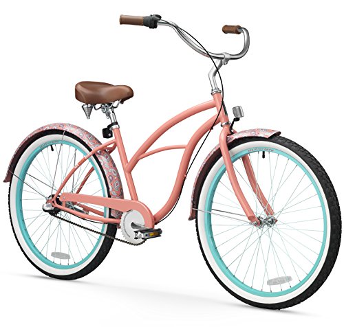 sixthreezero Women's 3-Speed 26-Inch Beach Cruiser Bicycle, Paisley Coral Pink w/Brown Seat/Grips