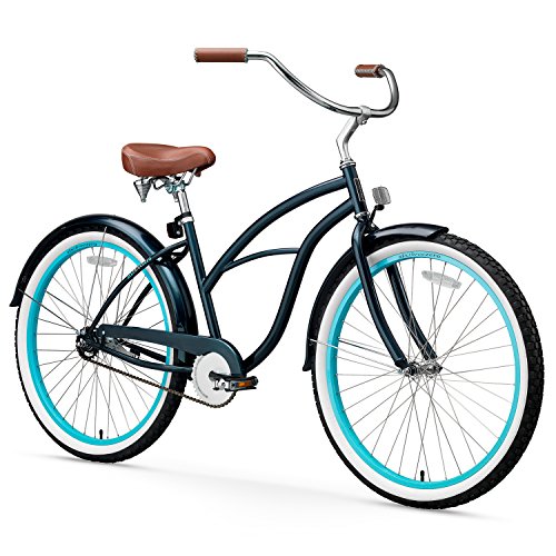sixthreezero Women's 1-Speed 26-Inch Beach Cruiser Bicycle, Classic Dark Blue w/Brown Seat/Grips
