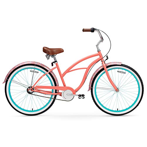 sixthreezero Women's 3-Speed 26-Inch Beach Cruiser Bicycle, Paisley Coral Pink w/Brown Seat/Grips