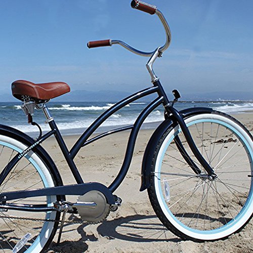 sixthreezero Women's 1-Speed 26-Inch Beach Cruiser Bicycle, Classic Dark Blue w/Brown Seat/Grips