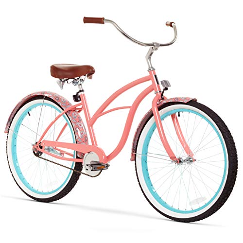 sixthreezero Women's 1-Speed 26-Inch Beach Cruiser Bicycle, Paisley Coral Pink w/Brown Seat/Grips