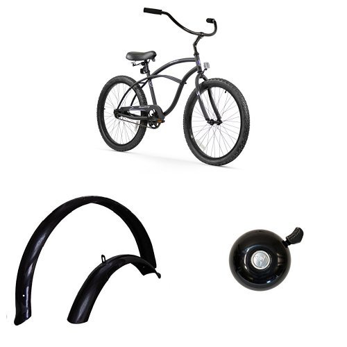 Firmstrong Urban Man 24" 1-Speed Beach Cruiser Bicycle, plus 24" Fenders, plus Classic Bell, Matte Black/Black, Bundle