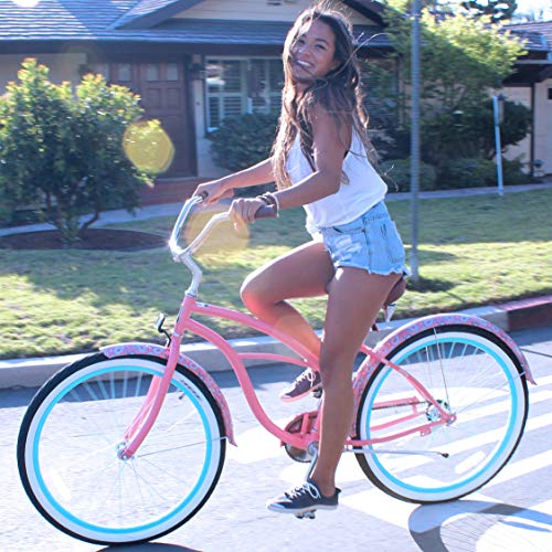 sixthreezero Women's 1-Speed 26-Inch Beach Cruiser Bicycle, Paisley Coral Pink w/Brown Seat/Grips