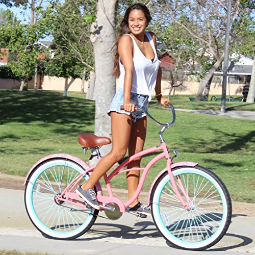 sixthreezero Women's 1-Speed 26-Inch Beach Cruiser Bicycle, Paisley Coral Pink w/Brown Seat/Grips