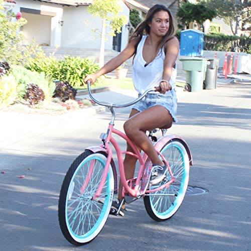 sixthreezero Women's 1-Speed 26-Inch Beach Cruiser Bicycle, Paisley Coral Pink w/Brown Seat/Grips
