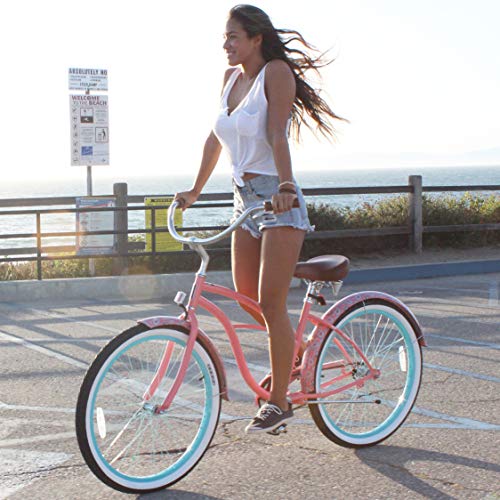 sixthreezero Women's 1-Speed 26-Inch Beach Cruiser Bicycle, Paisley Coral Pink w/Brown Seat/Grips