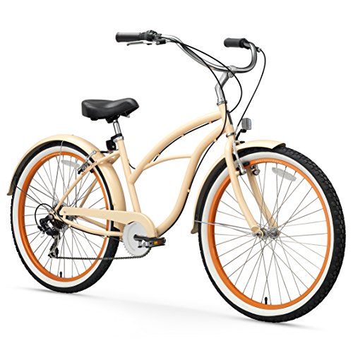 sixthreezero Scholar Women's 26" Seven Speed Beach Cruiser Bicycle, Cream with Black Seat and Grips