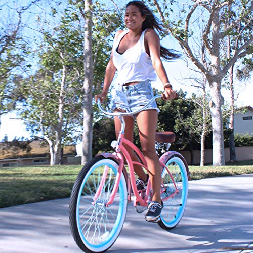 sixthreezero Women's 1-Speed 26-Inch Beach Cruiser Bicycle, Paisley Coral Pink w/Brown Seat/Grips