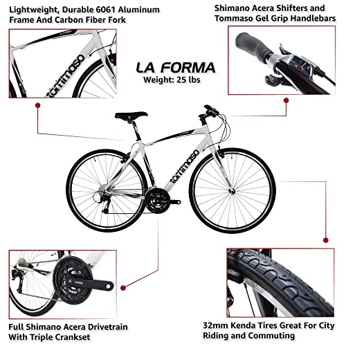 Tommaso La Forma Aluminum & Carbon Mens Hybrid Bike Women Road Bicycle Adult Bike Womens Hybrid Bikes City Bike Commuter Bike Mens Bike Touring Flat Bar Hybrid Bicycle - White - Large 58cm