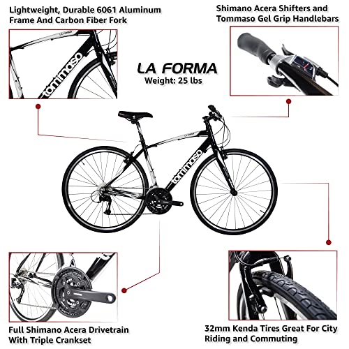 Tommaso La Forma Aluminum & Carbon Mens Hybrid Bike Women Road Bicycle Adult Bike Womens Hybrid Bikes City Bike Commuter Bike Mens Bike Touring Flat Bar Hybrid Bicycle - Black - XL 60cm