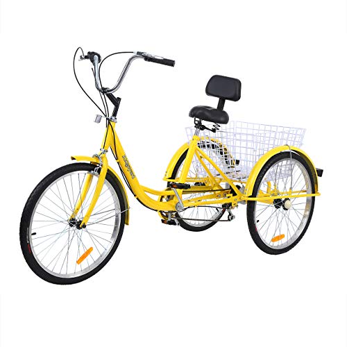 Ridgeyard 24" 6 Speed 3 Wheel Adult Cycling Pedal Tricycle Bicycle Trike Bike with Shopping Basket Yellow