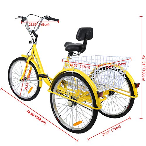 Ridgeyard 24" 6 Speed 3 Wheel Adult Cycling Pedal Tricycle Bicycle Trike Bike with Shopping Basket Yellow