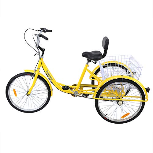 Ridgeyard 24" 6 Speed 3 Wheel Adult Cycling Pedal Tricycle Bicycle Trike Bike with Shopping Basket Yellow