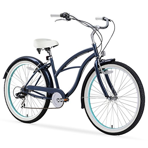 sixthreezero Classic Edition Women's 26" Seven Speed Beach Cruiser Bicycle, Dark Blue with White Seat and Grips