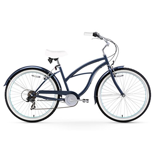 sixthreezero Classic Edition Women's 26" Seven Speed Beach Cruiser Bicycle, Dark Blue with White Seat and Grips