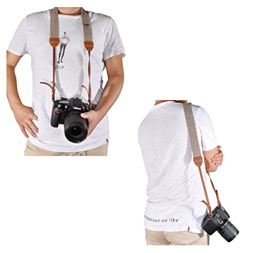 pangshi Universal Camera Shoulder Neck Strap Adjustable Vintage Belt Compatible with All DSLR Camcorder Canon Nikon Sony Pentax - White and Brown Weave