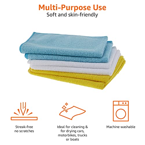 Amazon Basics Microfiber Cleaning Cloth, Non-Abrasive, Reusable and Washable, Pack of 144, Blue/White/Yellow, 16" x 12"