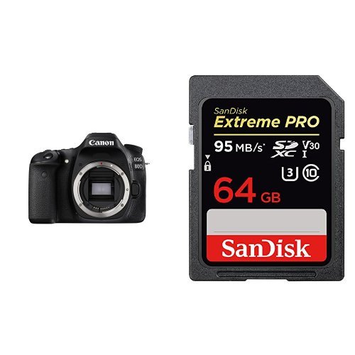 Canon Digital SLR Camera Body [EOS 80D] with 24.2 Megapixel (APS-C) CMOS Sensor and Dual Pixel CMOS AF and 64GB SDXC UHS-I Memory Card - Black