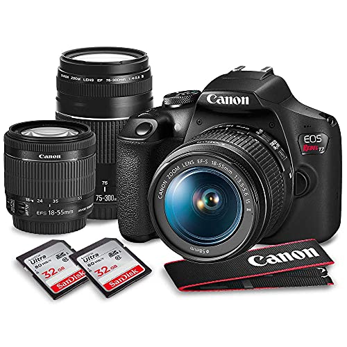 Canon T7 EOS Rebel DSLR Camera with 18-55mm and 75-300mm Lenses Kit + UV Filter Set + Tripods + Flash & 32GB Dual SD Card Accessory Bundle
