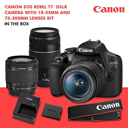 Canon T7 EOS Rebel DSLR Camera with 18-55mm and 75-300mm Lenses Kit + UV Filter Set + Tripods + Flash & 32GB Dual SD Card Accessory Bundle